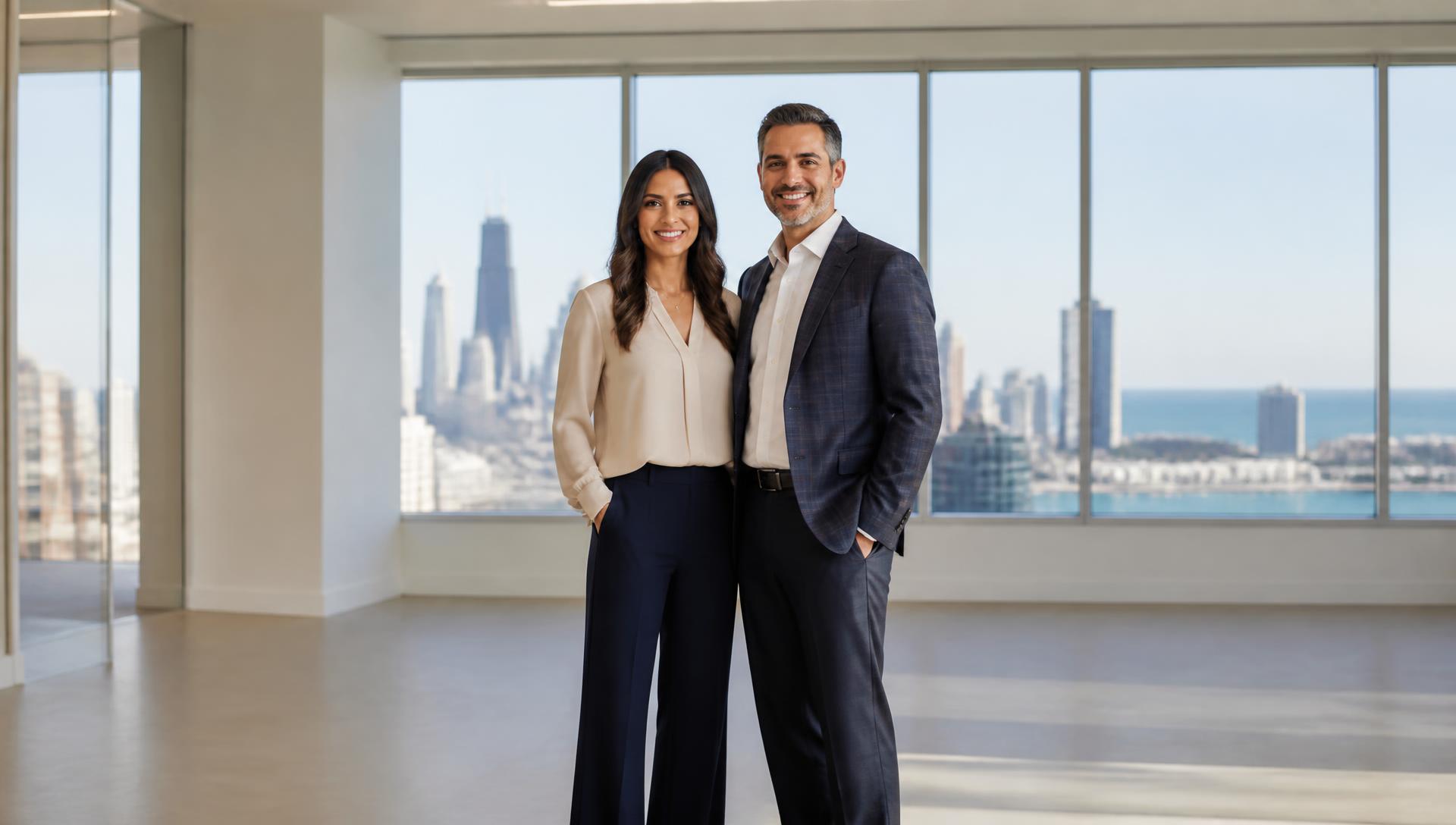 Two smiling financial professionals standing together in a bright Chicago office with the skyline and Lake Michigan behind them.