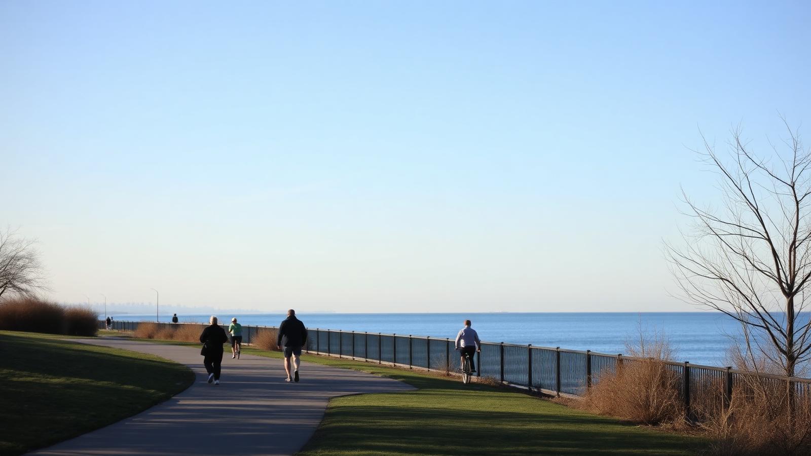 People walking and biking along the Chicago lakefront path beside Lake Michigan.